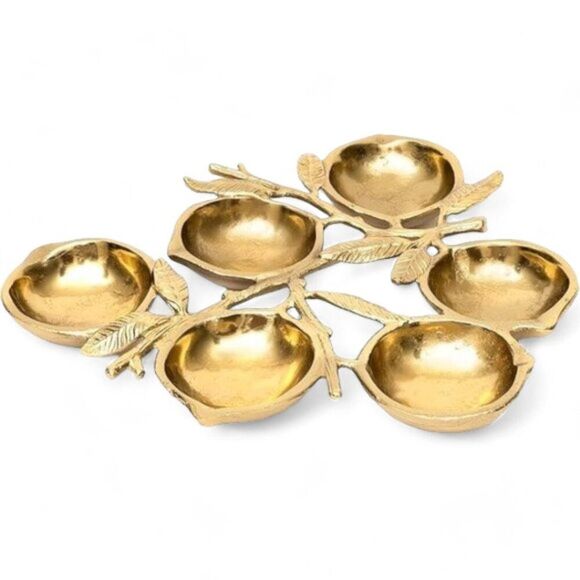 Cluster of 6 Lemon Shape Serving Bowl Tray Antique Gold Finish 12" Aluminum Base